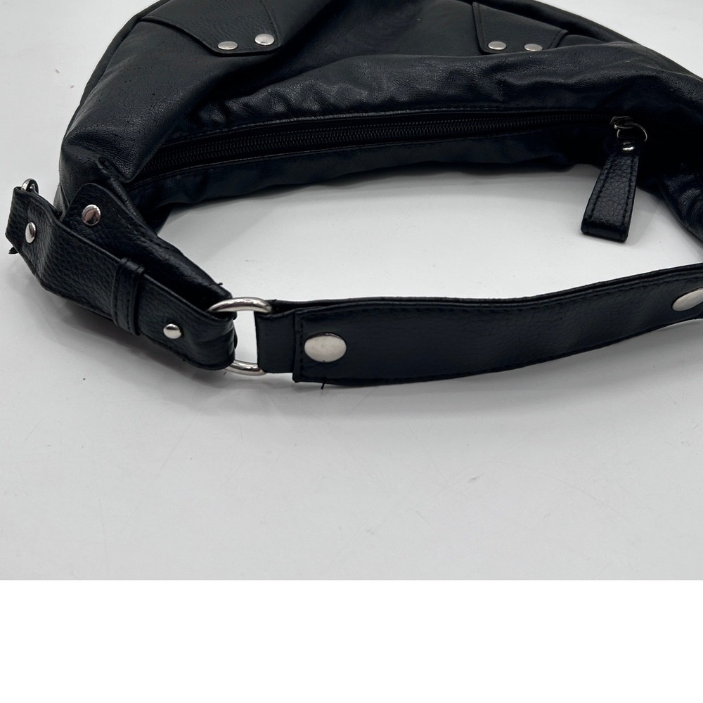 Black Faux Leather Crescent Hobo Shoulder Bag Silver Stud Accents Y2K Style - Picture 7 of 7
